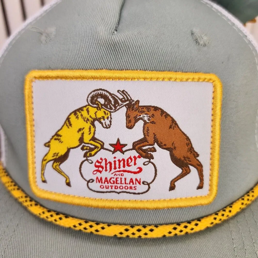 Magellan Outdoors Shiner Beer Snapback Trucker Hat Cap Green Yellow Patch Rope